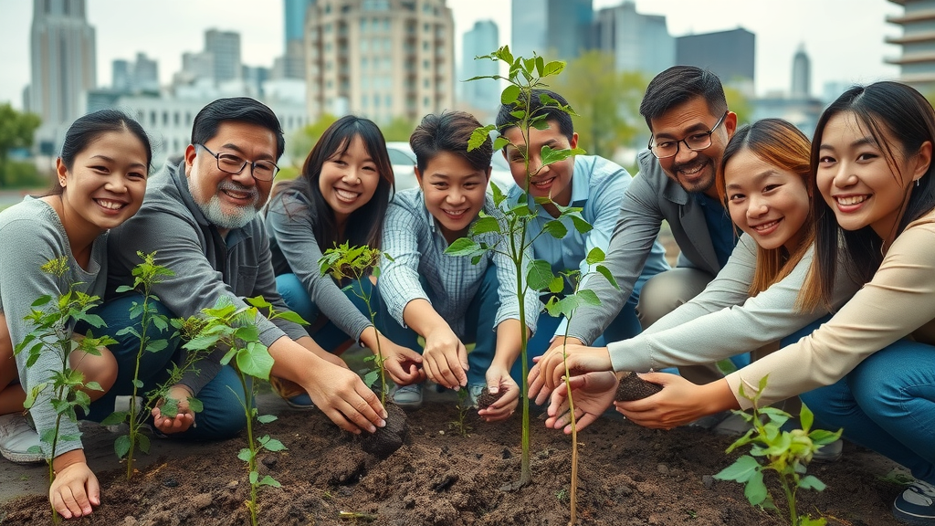 climate change, environmental psychology, people planting trees, urban resilience