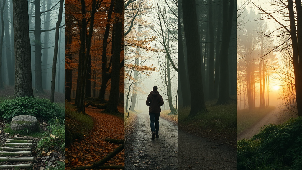 progressive visual sequence of a young adult’s transformation in wilderness therapy, from unsure to confident
