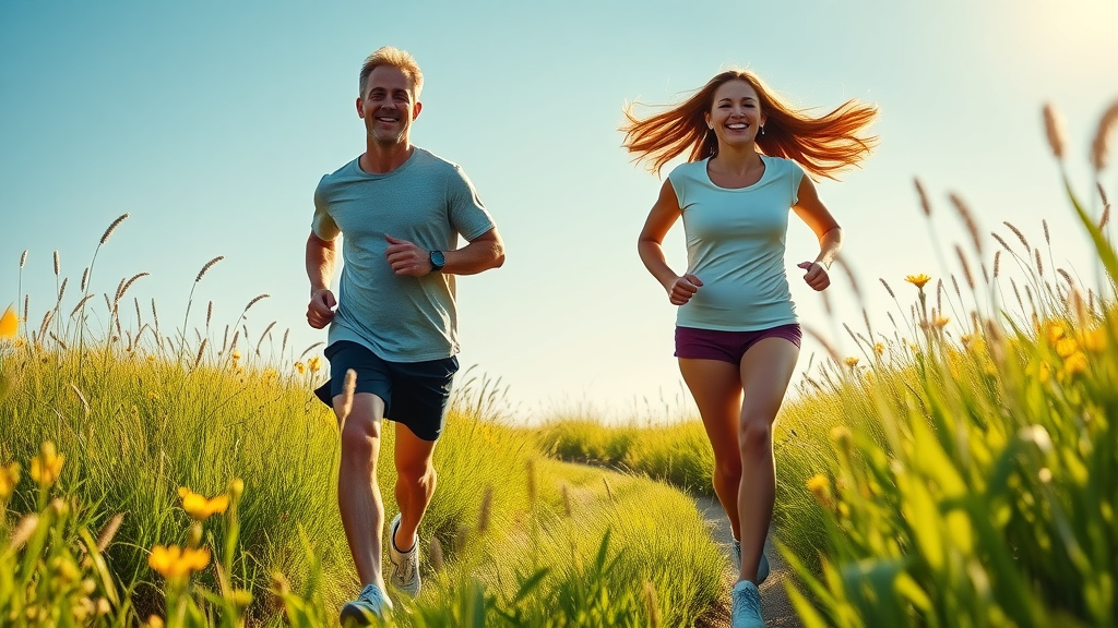 people jogging in sunlit wildflower meadow, outdoor ecotherapy for immune function, nature therapy for physical health