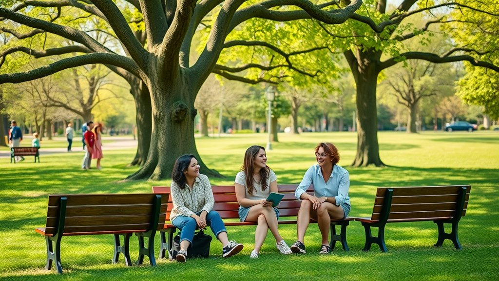 community group laughing in sunny park, social connection through therapy programs, nature therapy for group mental health