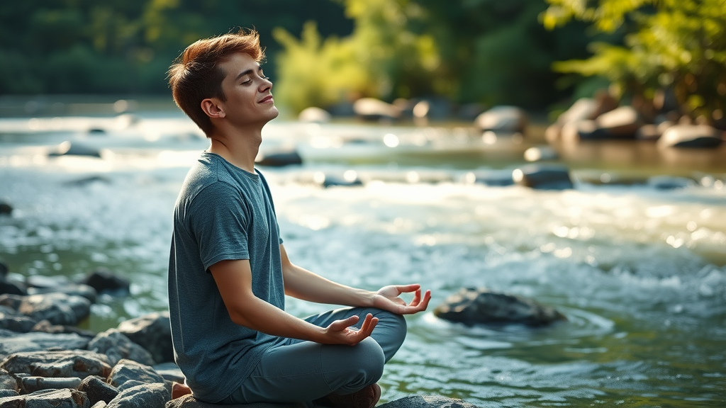 young adult practicing mindfulness meditation by a river as part of wilderness therapy for mental health