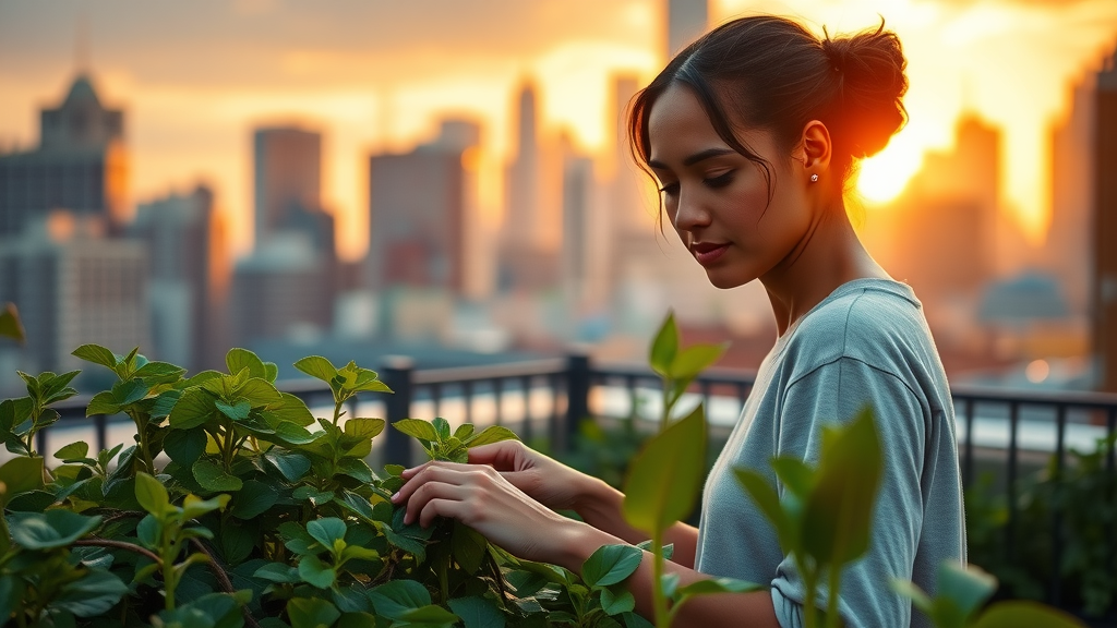 urban rooftop garden, holistic nature experiences, city skyline blending with green space
